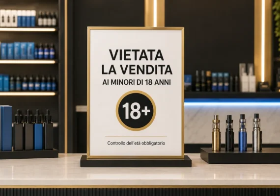 Avviso di divieto di vendita ai minori di 18 anni in un negozio di sigarette elettroniche, con banco e prodotti sullo sfondo.
